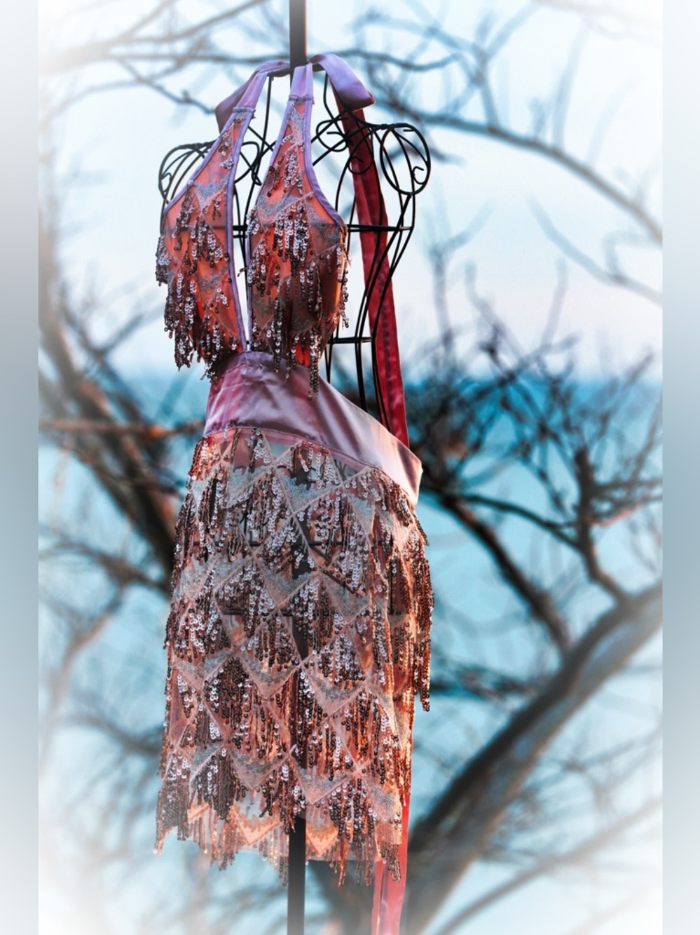 Rose Gold Sequin Beaded Flapper Dress Sheer Babydoll Style